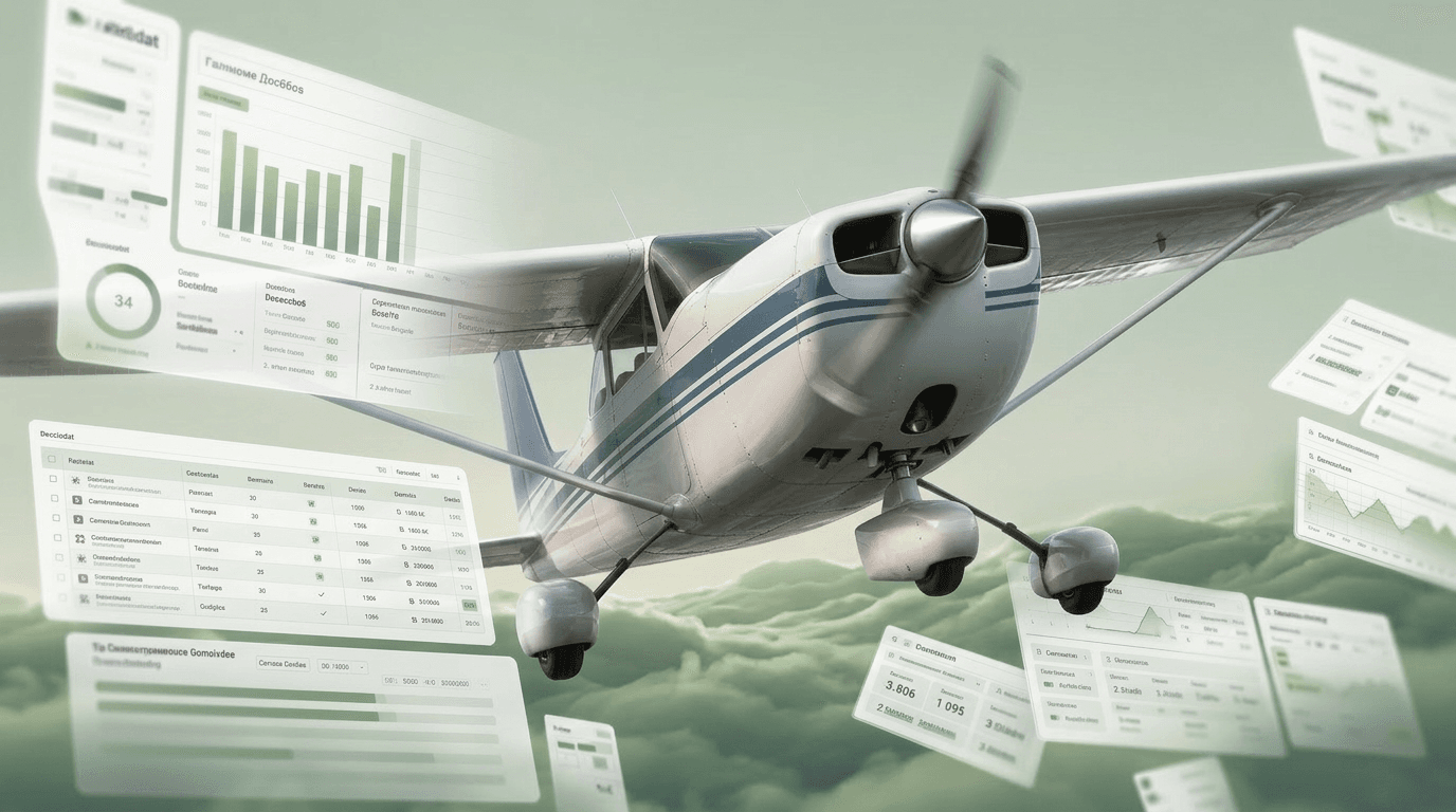 Cessna 172 in flight surrounded by Flight Lyceum dashboard analytics