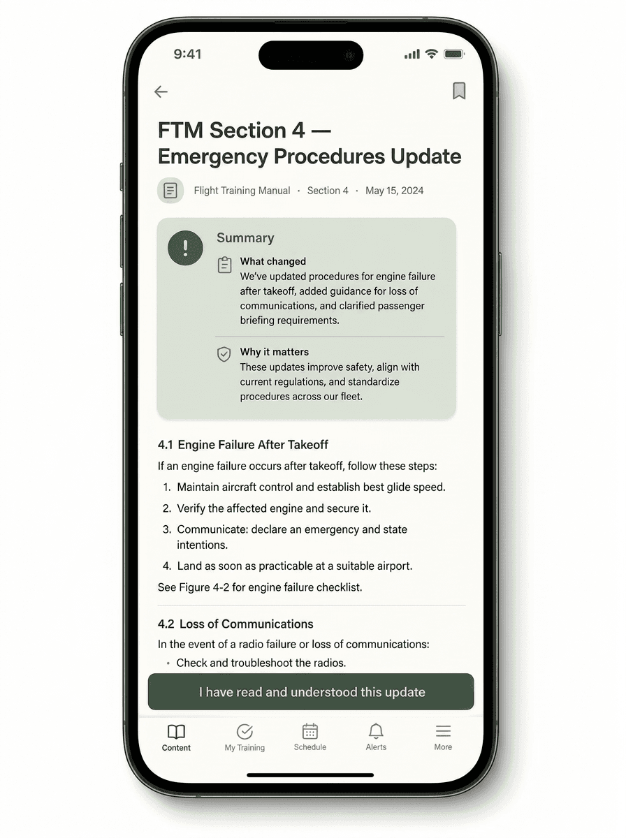Mobile view of Flight Lyceum showing a student reading and acknowledging a training update